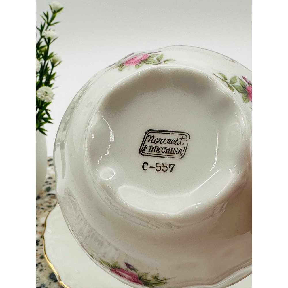 Norcrest Fine China Mother Teacup and Saucer Set Pink Roses Gold Trim - Picture 5 of 6